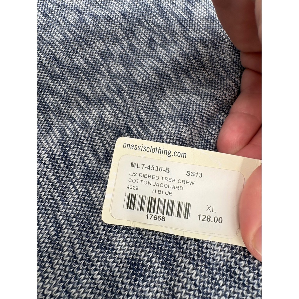 Onassis Mens Ribbed Trek Crew Cotton Jacquard Long Sleeve Blue Shirt XL - Picture 3 of 7